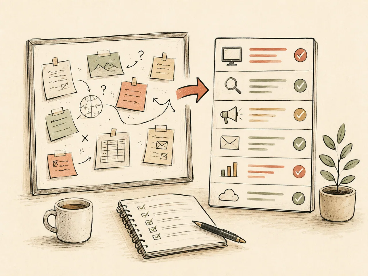 Illustration of a connected digital set-up shown as a tidy grid of tools beside a checklist.