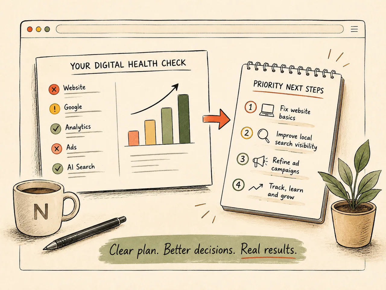 Illustration of a digital health-check dashboard with charts and a priority checklist.