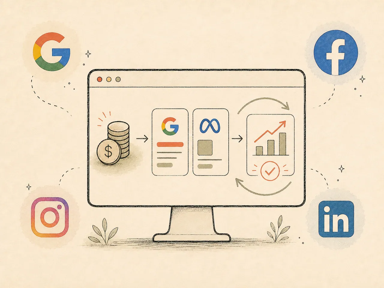 Illustration of ad-platform logos — Google, Meta, Instagram and LinkedIn — around a performance chart.