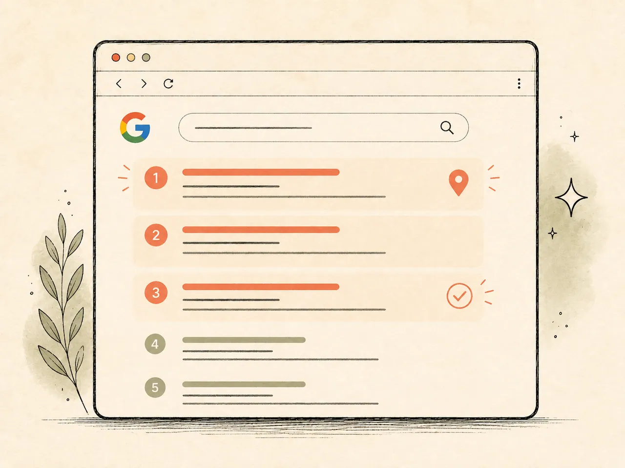 Illustration of a Google search results page with a site ranking near the top.