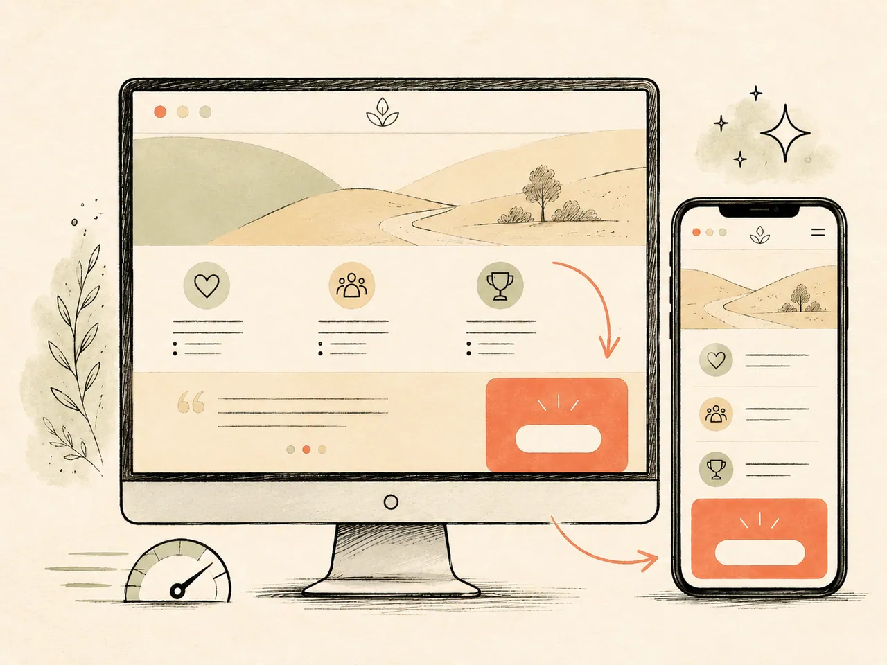Illustration of a website shown on a desktop monitor and a mobile phone.