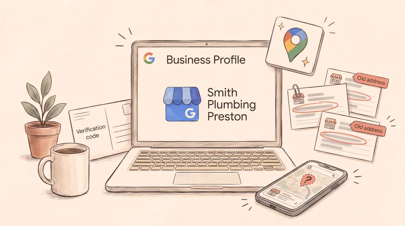 A hand-drawn illustration of a laptop showing the Google Business Profile logo and the name "Smith Plumbing Preston", next to a verification code postcard, index cards flagging an old address, and a phone map with an empty pin.