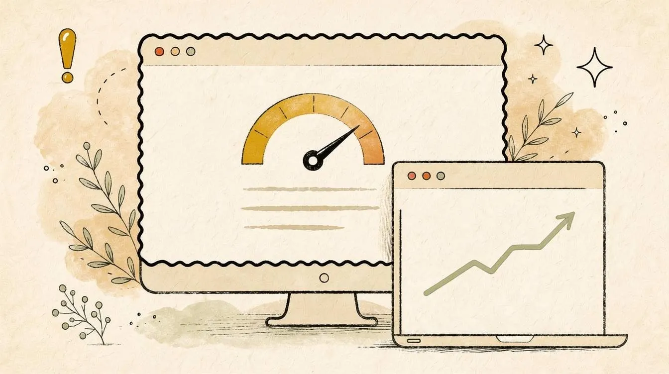 A hand-drawn illustration of a website on a monitor beside a speed gauge, with a second browser showing an upward performance chart.