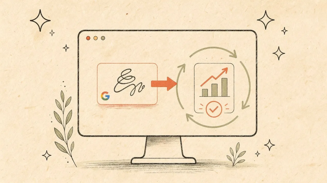 A hand-drawn illustration of a Google Ads card leading through a coral arrow to an upward results chart with a coral tick, inside a measure-and-improve loop.