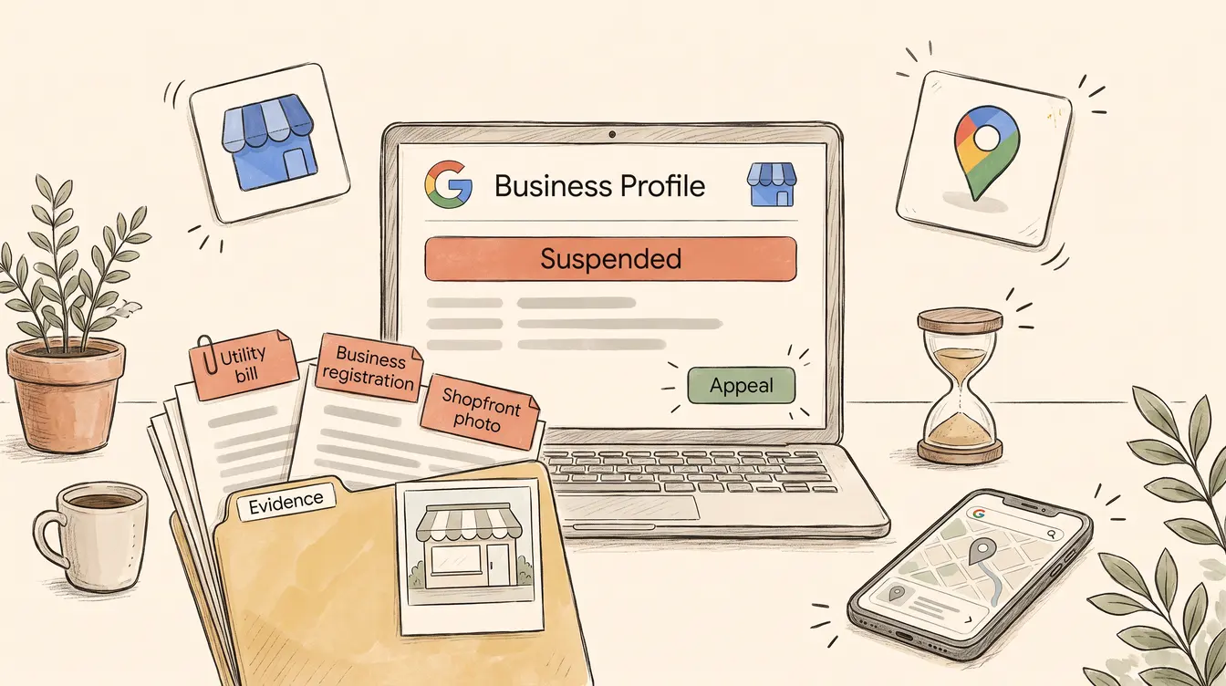 A hand-drawn illustration of a laptop showing a Google Business Profile marked "Suspended" with an "Appeal" button, beside a folder labelled "Evidence" with tags for a utility bill, business registration and a shopfront photo, an hourglass, and a phone showing Google Maps.