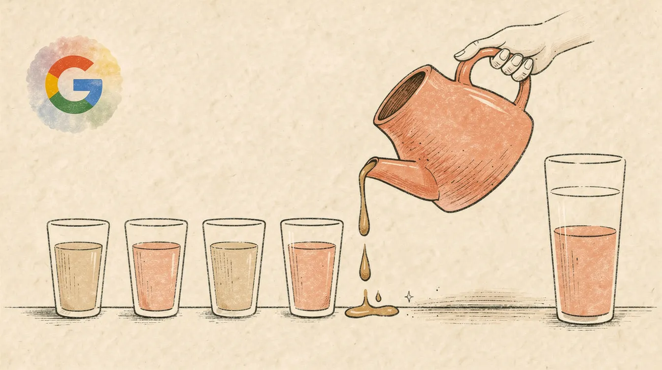 A hand-drawn illustration of a coral jug pouring into a row of four small glasses beside one tall glass, with a small spill on the table and a Google logo in the corner.