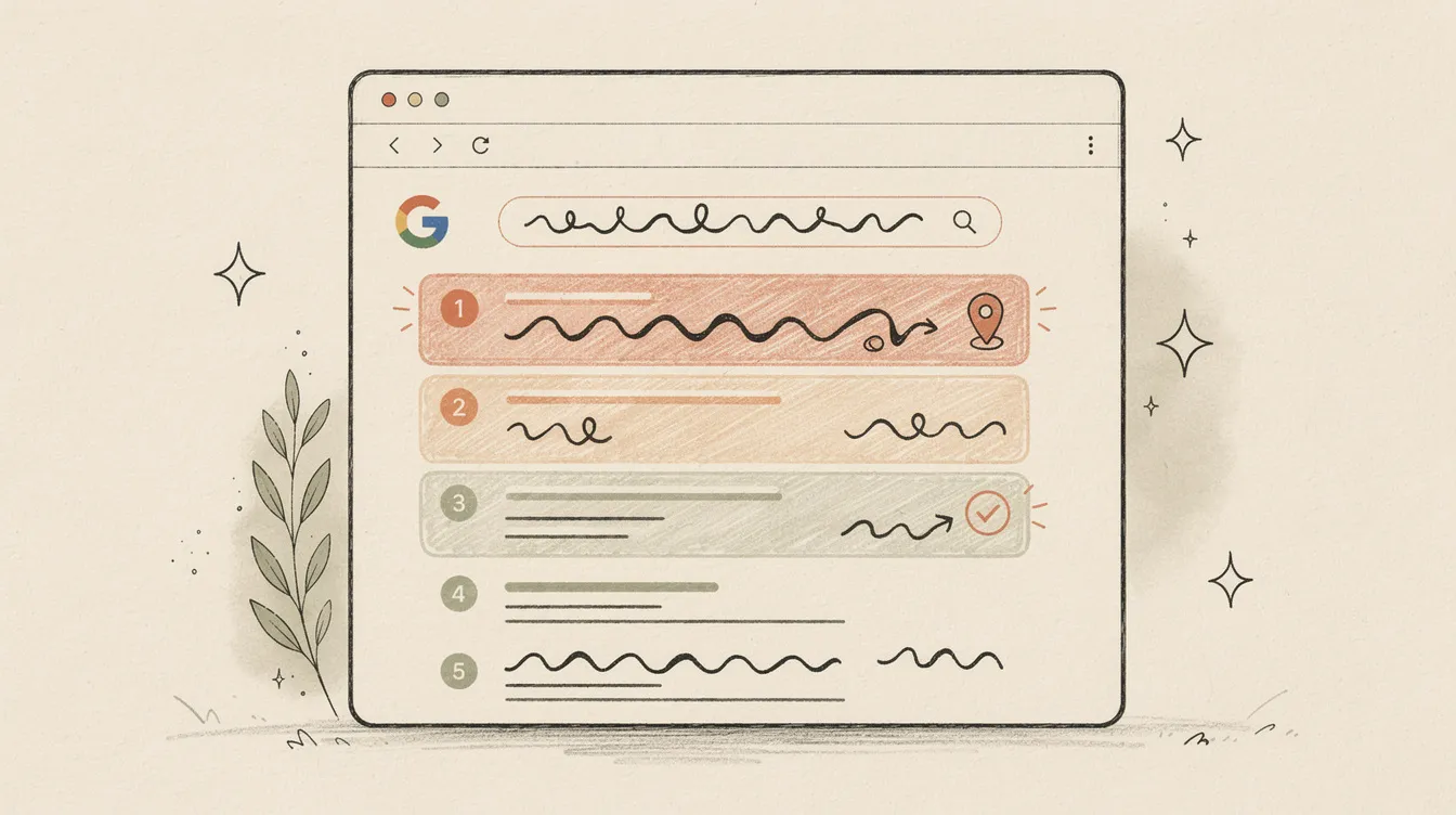 A hand-drawn illustration of a browser showing Google local search results, with the top result highlighted in coral and a coral map pin.
