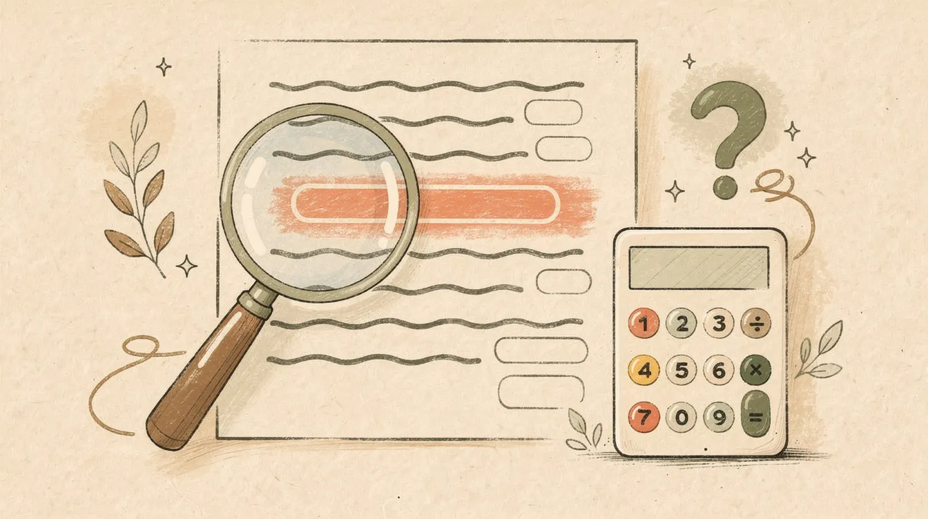 A hand-drawn illustration of a magnifying glass held over an itemised quote document, with a calculator and question marks beside it.