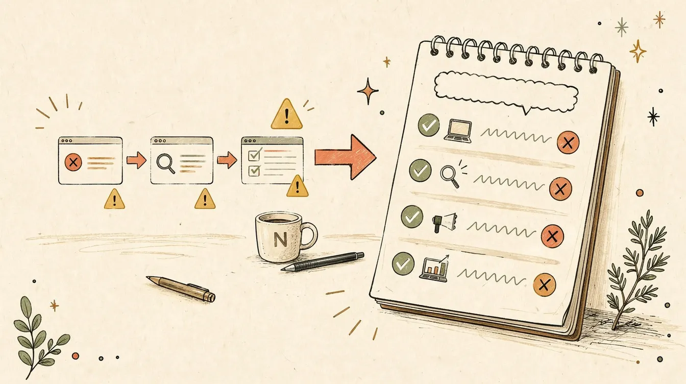 A hand-drawn illustration of an enquiry funnel beside a detailed checklist notepad with tick, cross and caution marks and small topic icons.