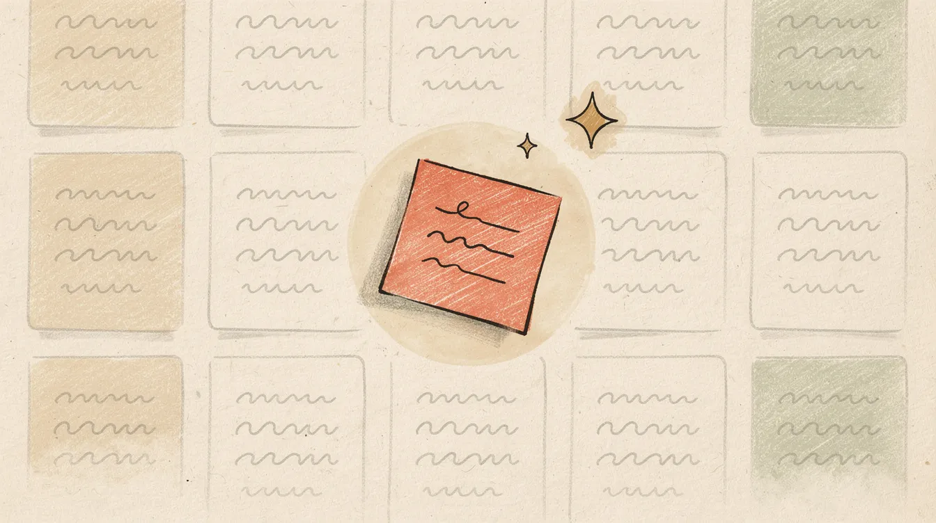 A warm hand-drawn illustration filling the frame with a grid of near-identical, faded cream, tan and sage cards covered in soft unreadable squiggle lines, with one distinctive coral card standing out in the centre — website copy that sounds like everyone else's versus copy that sounds like you.