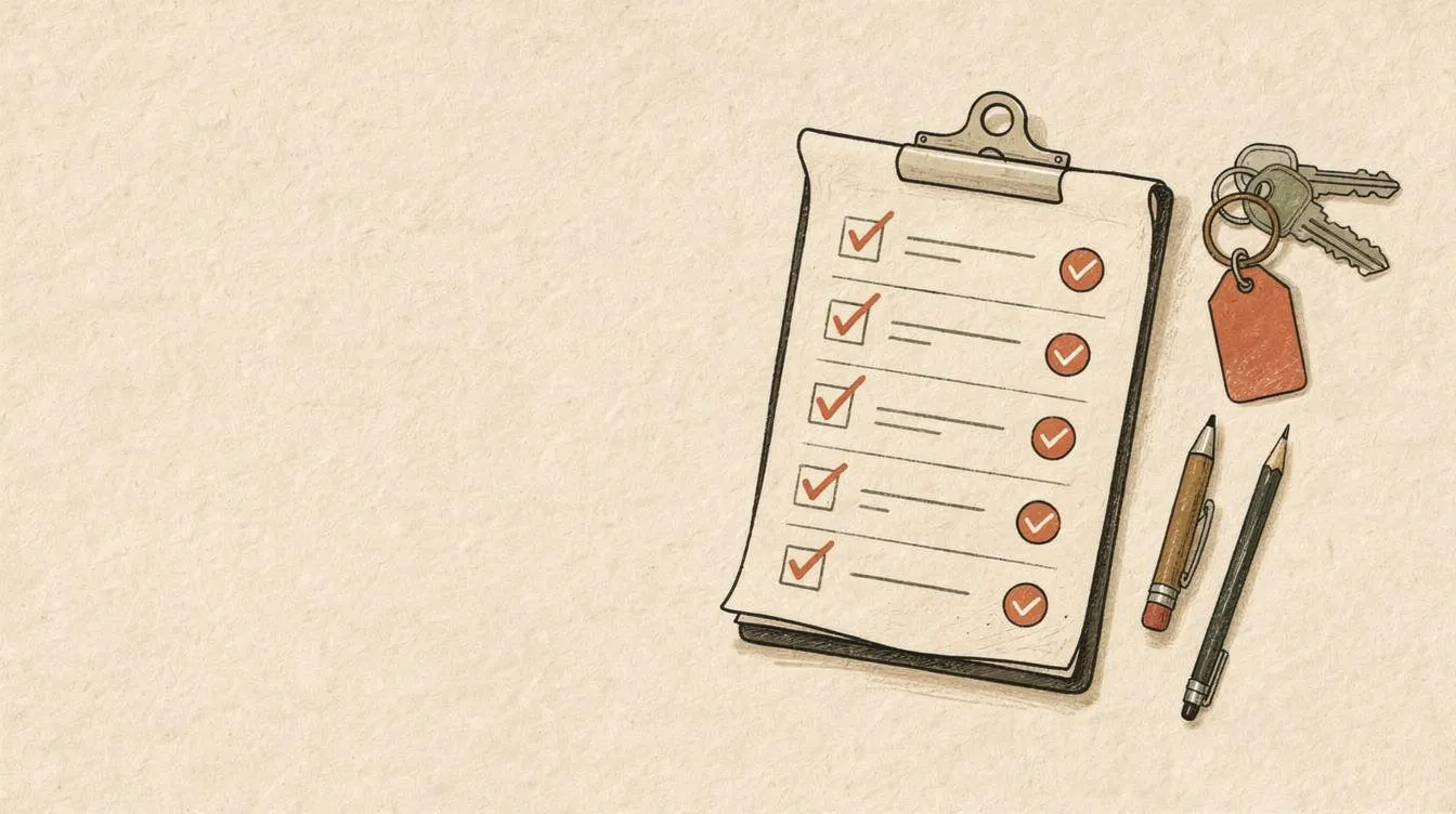 A hand-drawn clipboard holding a quote checklist with coral ticks, next to a ring of keys with a blank coral tag and two pencils, on a warm cream table.