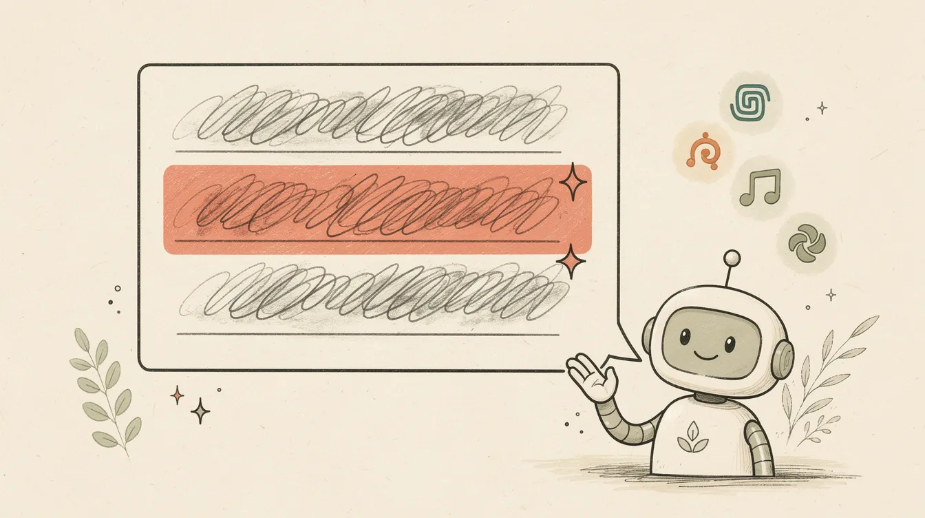 A hand-drawn illustration of a friendly robot assistant waving beside a large answer panel, with one answer row highlighted in coral and small AI-search app logo motifs floating nearby.